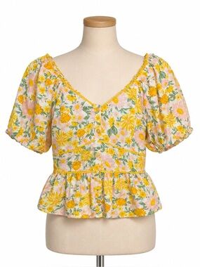 Planet Heart Floral Puff Sleeve Peplum Button Front Cottagecore Top NWT Sz XS